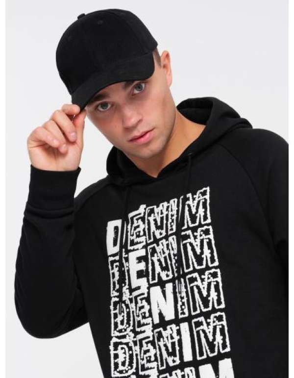 Férfi bélés nélküli kenguru kapucnis pulóver kapucnival és nyomtatással V1 OM-SSPS-0158 fekete OM-SSPS-0158 fekete