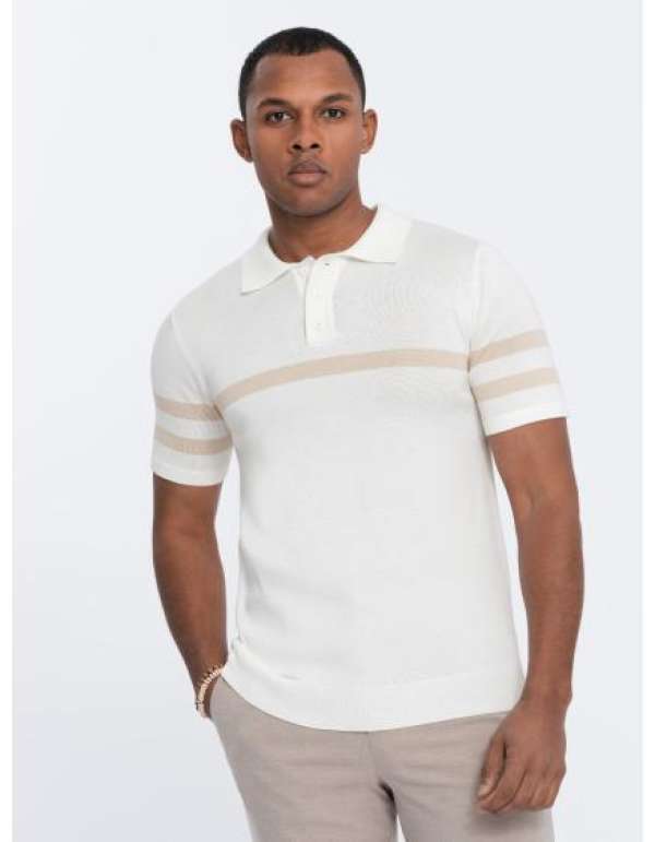 Férfi puha kötött pólóing kontrasztos csíkozással V3 OM-POSS-0118 krémszín