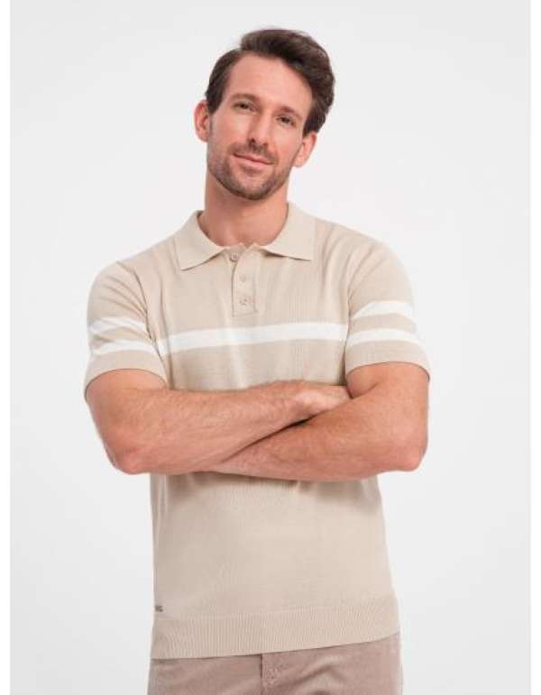 Férfi puha kötött pólóing kontrasztos csíkozással V4 OM-POSS-0118 bézs