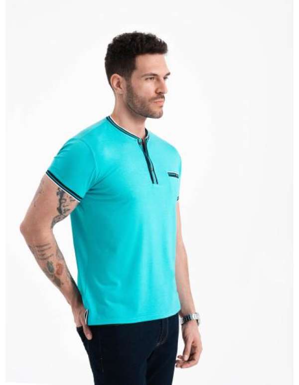 Férfi HENLEY póló díszítő szalaggal türkizkék színben