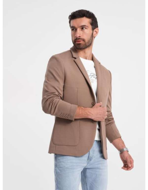 Férfi kabát zsebekkel, foltokkal V3 OM-BLZB-0127 sötét bézs