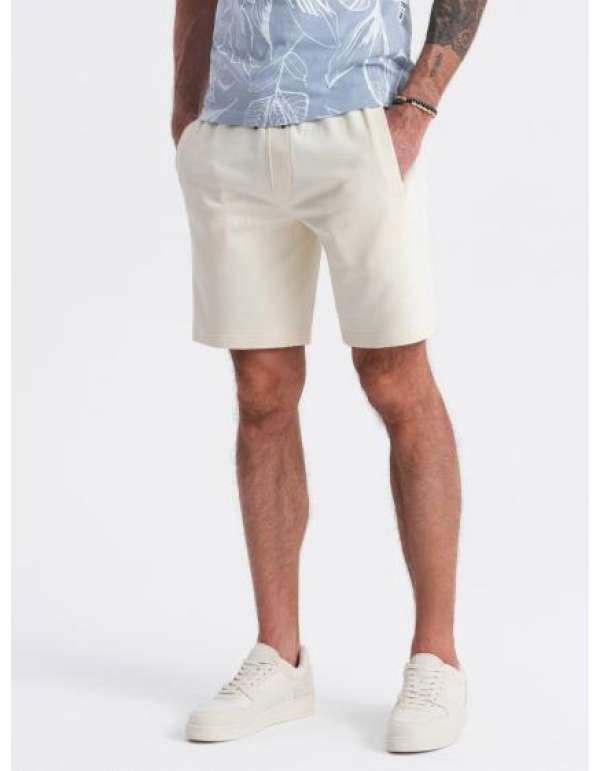 Férfi kötött rövidnadrág zsinórral és zsebekkel krémszínű