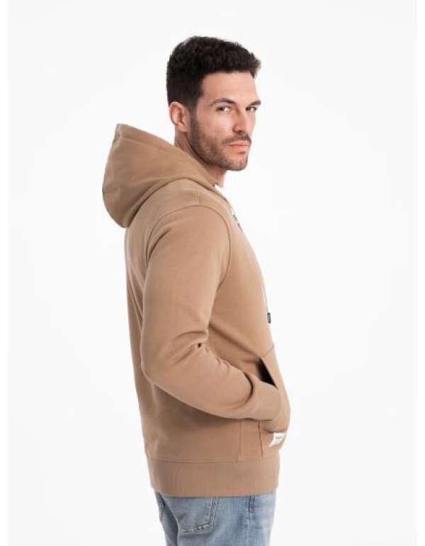 Férfi BASIC kapucnis pulóver kapucni nélkül, gombos záródással barna