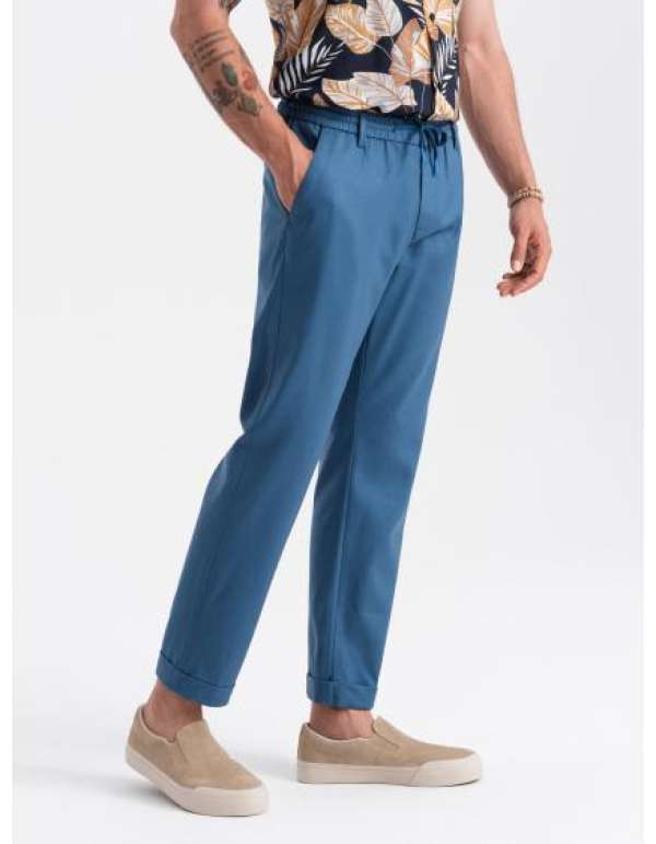 Férfi lenvászon keverék chino felgöngyölt nadrág V5 OM-PACP-0198 kék denim