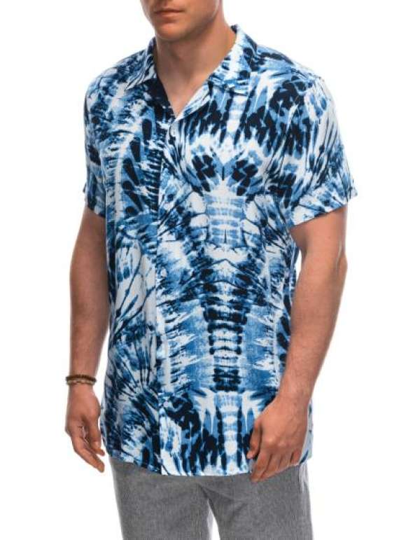 Férfi viszkóz mintás rövid ujjú ing OM-SHPS-0113 fehér/tengerészkék