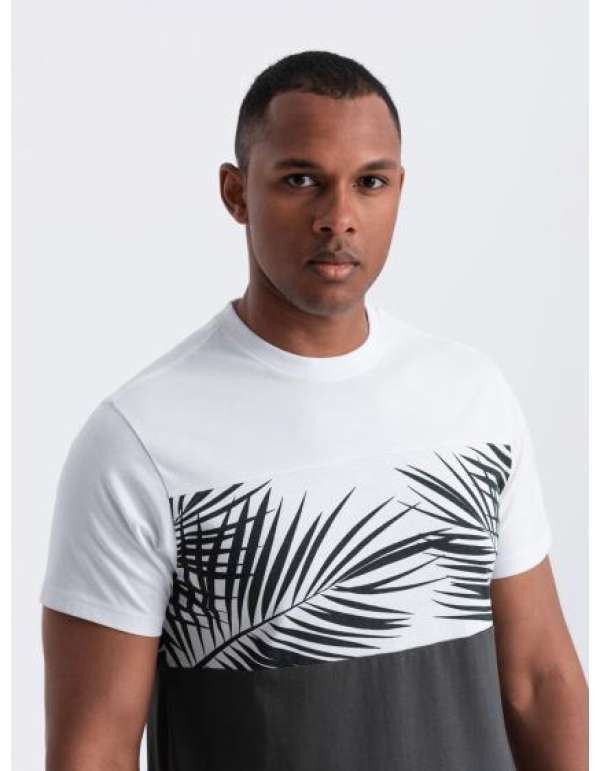 Férfi kétszínű póló pálmalevél mintával sötétszürke