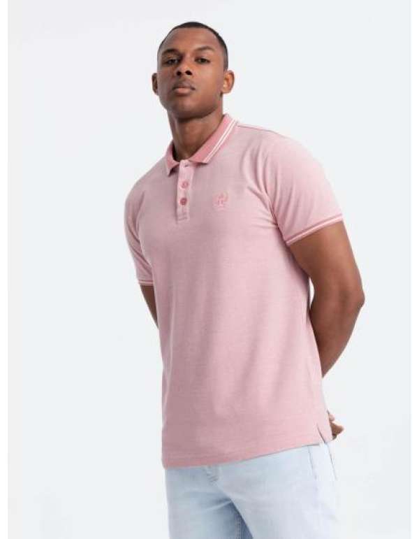 Férfi melange pólóing csíkos gallérral rózsaszín melange