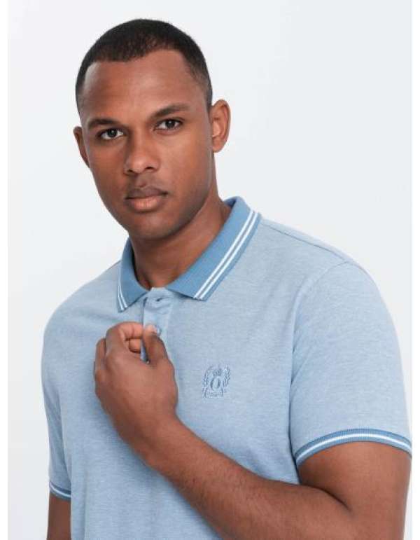 Férfi melange pólóing csíkos gallérral kék melange