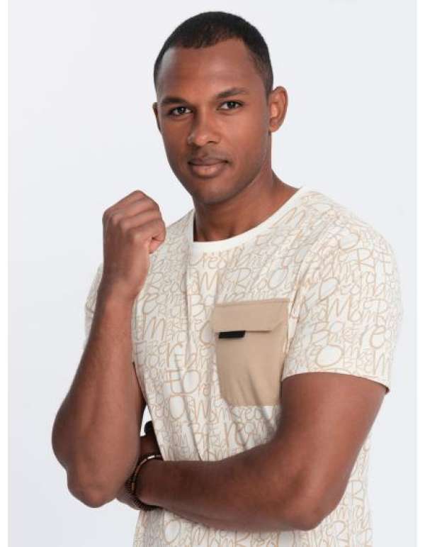 Férfi pamut póló betűkkel és zsebbel krém és barna színben