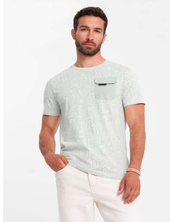 Férfi pamut póló betűkkel és zsebbel sárgászöld színben