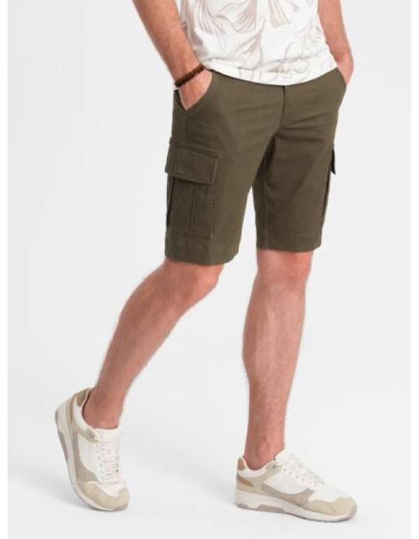 Férfi egyszínű rövidnadrág Cargo zsebekkel Sötét olajbogyó