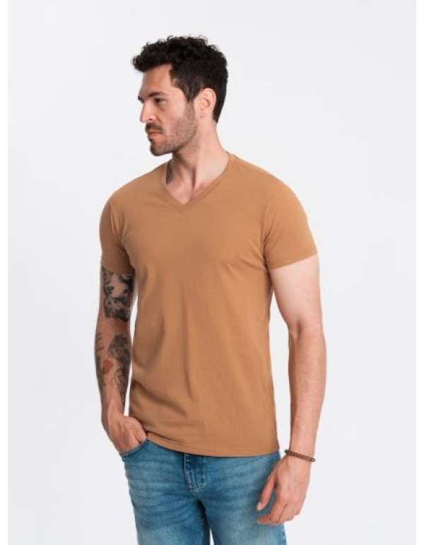 Férfi klasszikus pamut V-nyakú póló BASIC barna