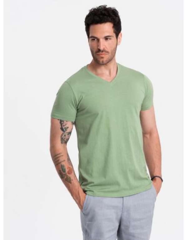 Férfi pamut klasszikus V-nyakú póló BASIC zöld póló