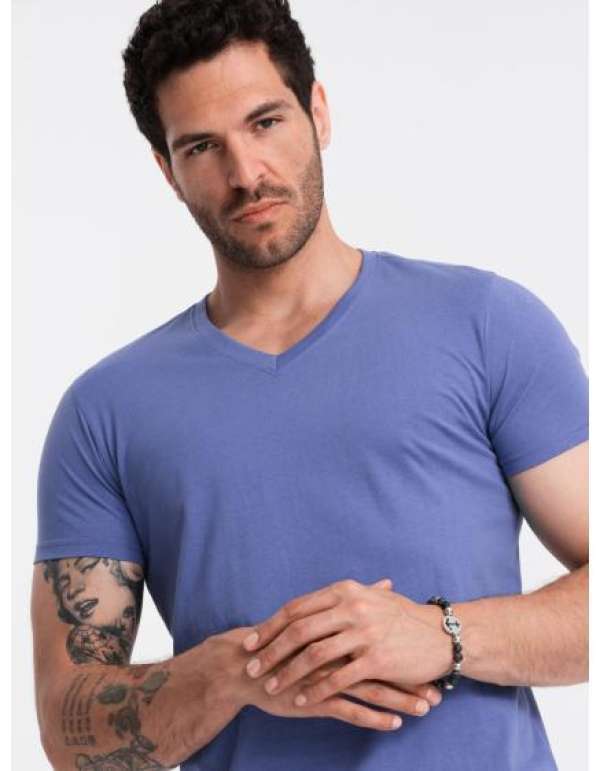 Férfi pamut klasszikus V-nyakú BASIC póló lila