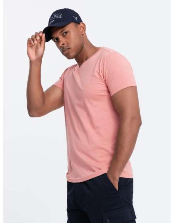 Férfi klasszikus pamut V-nyakú BASIC póló rózsaszín V7 OM-TSBS-0145