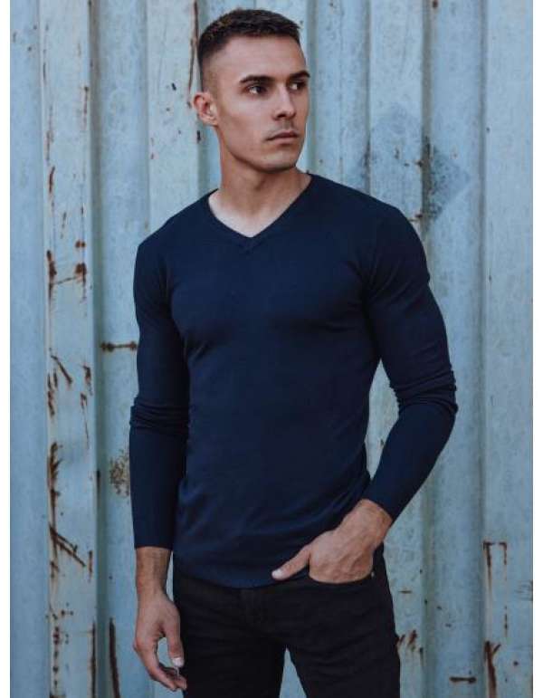 Férfi sima serge pulóver sötétkék