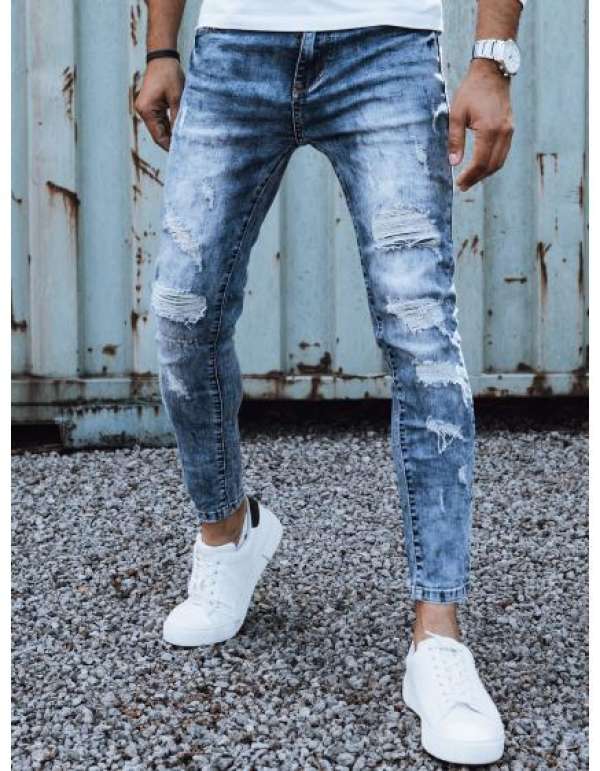 Férfi farmer nadrág lyukakkal slim fit kék