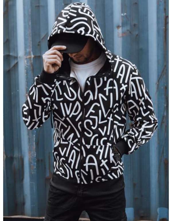 Férfi pulóver húzózsinórral és kapucnival, fekete