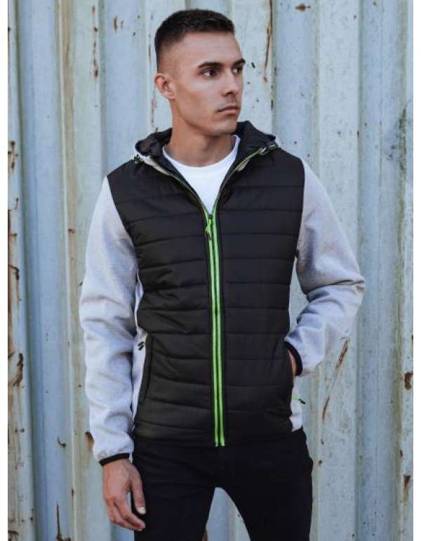 Szürke, steppelt férfi átmeneti kabát kapucnival