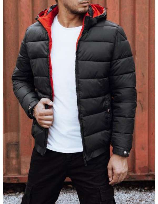 Férfi steppelt télikabát kapucnival fekete színben