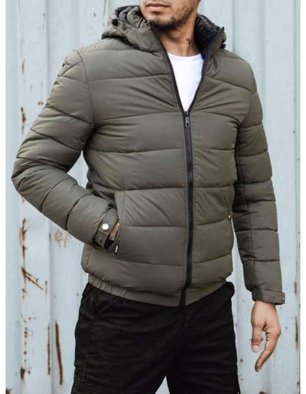 Férfi steppelt télikabát kapucnival zöld színben