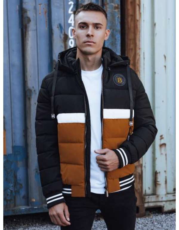 Férfi téli steppelt kabát kapucnival fekete