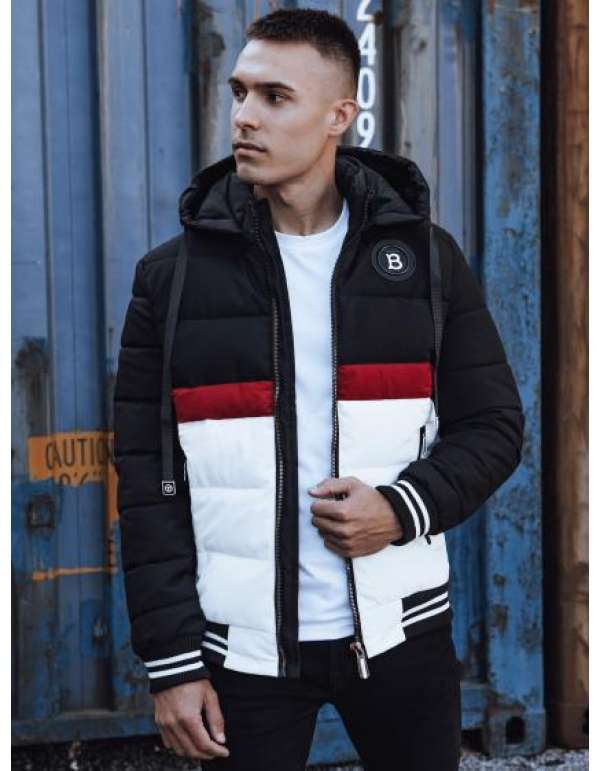 Férfi téli steppelt kabát kapucnival fekete