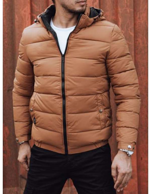 Férfi hosszú téli dzseki steppelt kapucnival sárga