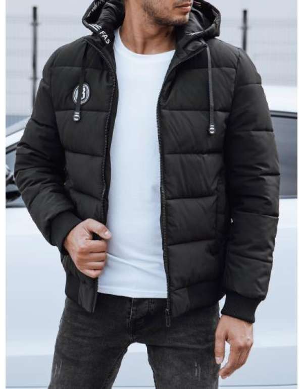 Férfi téli steppelt kabát kapucnival fekete