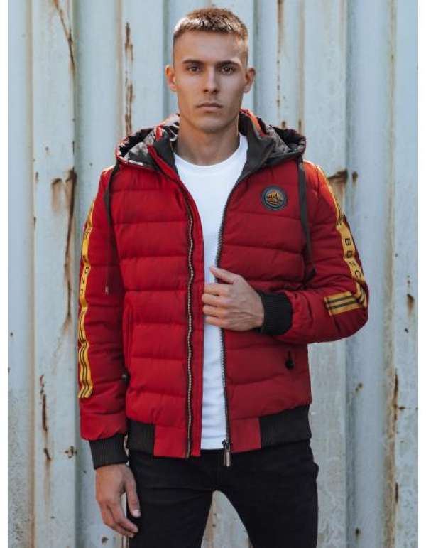 Férfi téli steppelt kabát kapucnival bordó színben