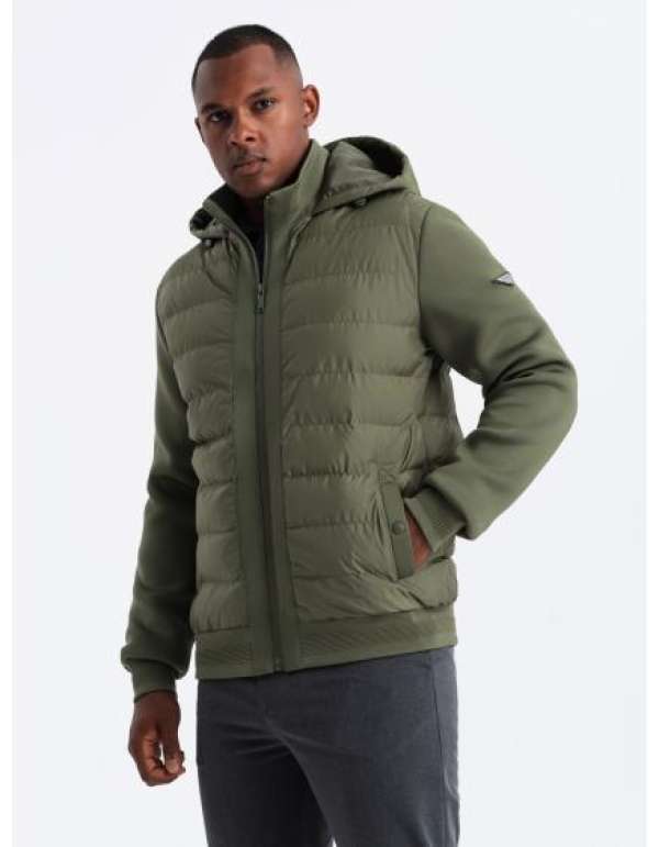 Férfi steppelt bomberdzseki magas gallérral sötét olívazöld