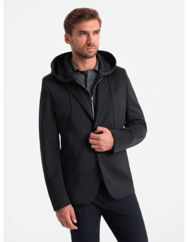 Férfi dzseki levehető béléssel és kapucnival, fekete