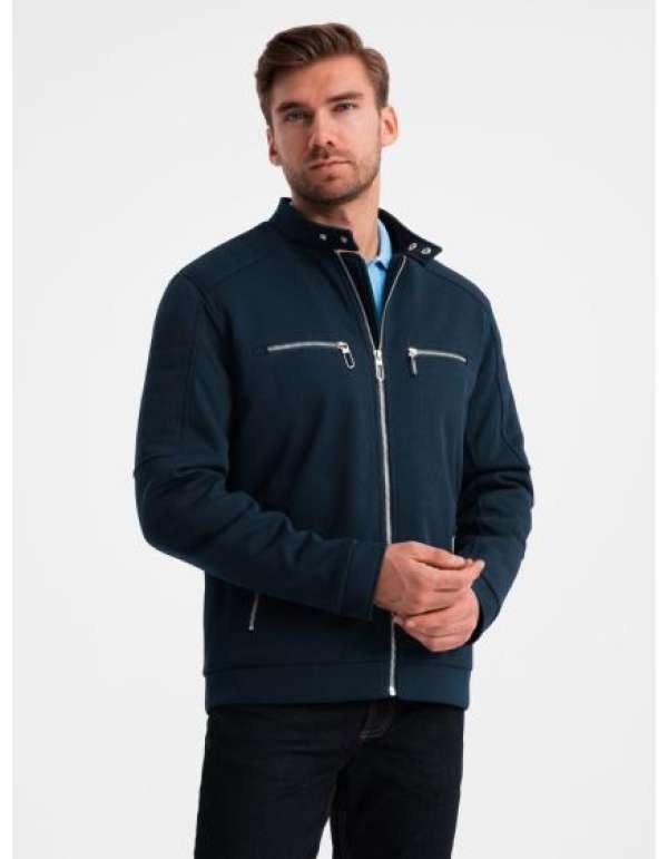 Férfi motoros dzseki gallérral és zsebekkel sötétkék