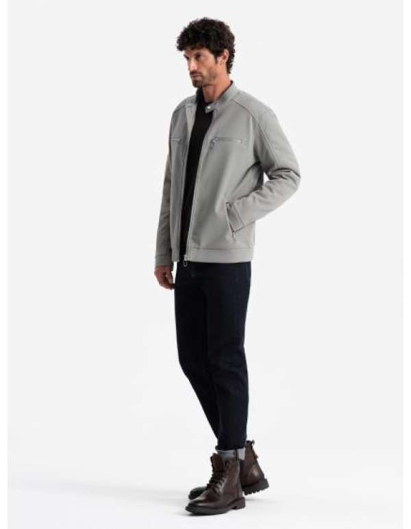 Férfi motoros dzseki zsebekkel és gallérral szürke