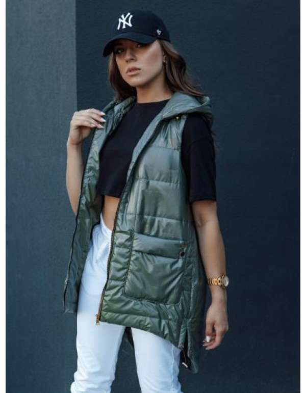 Női hosszú steppelt mellény kapucnival JESS zöld