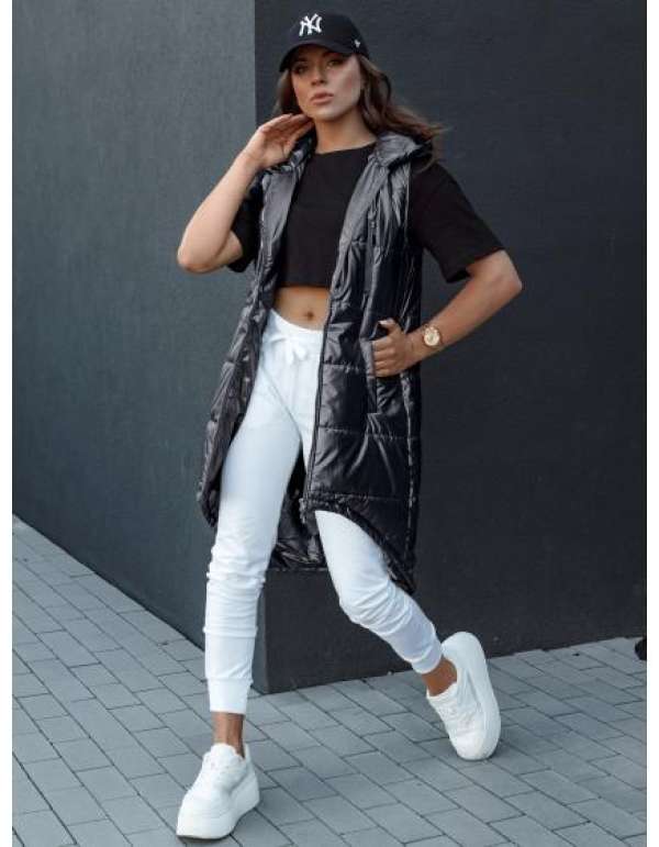 Női hosszú steppelt mellény kapucnival MERIS fekete