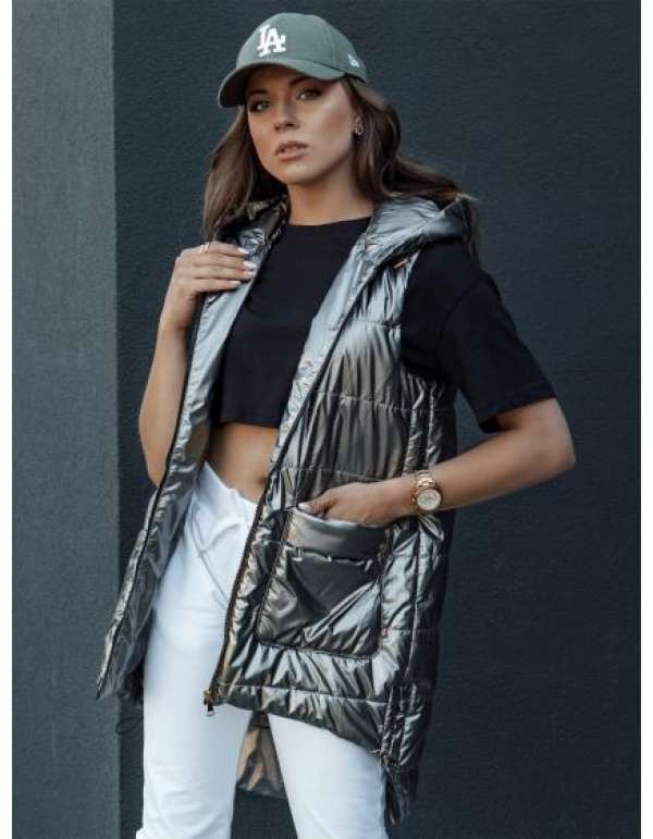 Női hosszú steppelt mellény kapucnival JESS sötétszürke