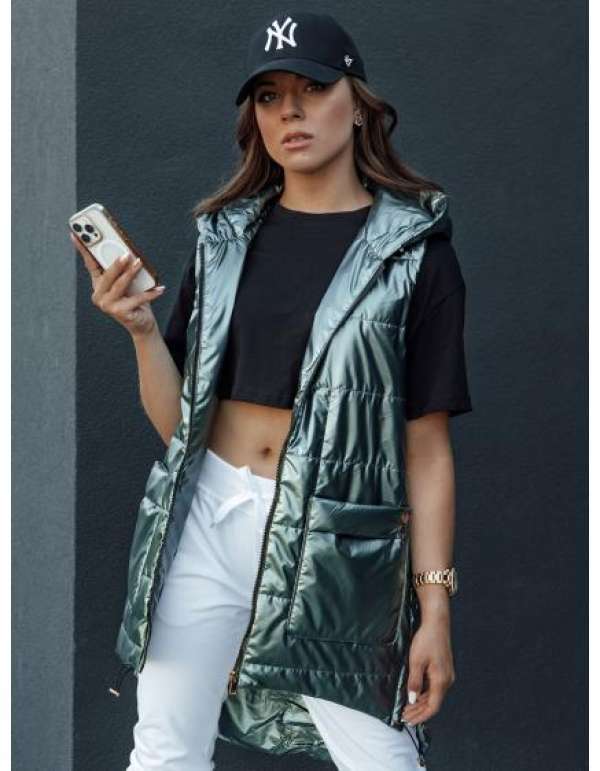 Női hosszú steppelt mellény kapucnival JESS zöld