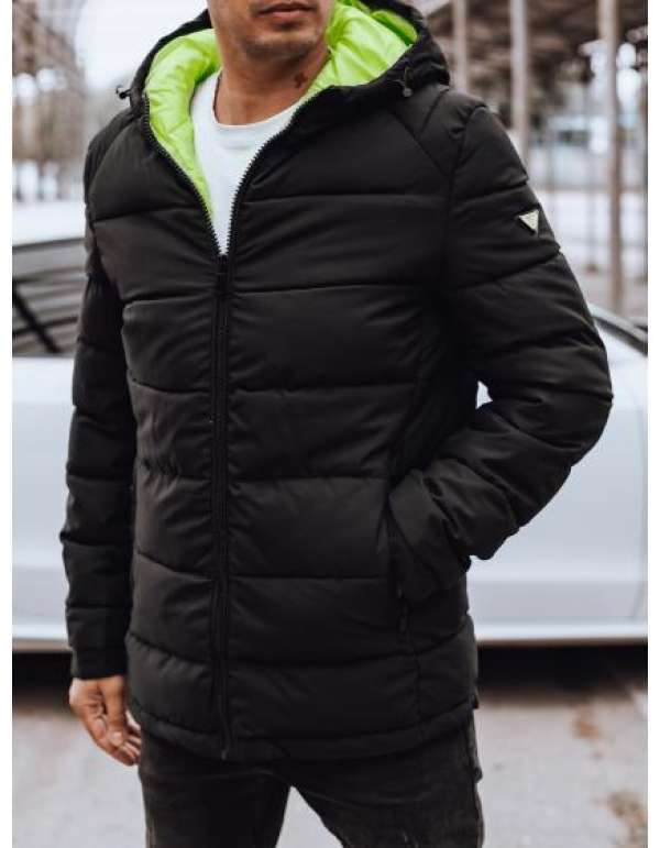 Férfi steppelt téli kabát kapucnival fekete