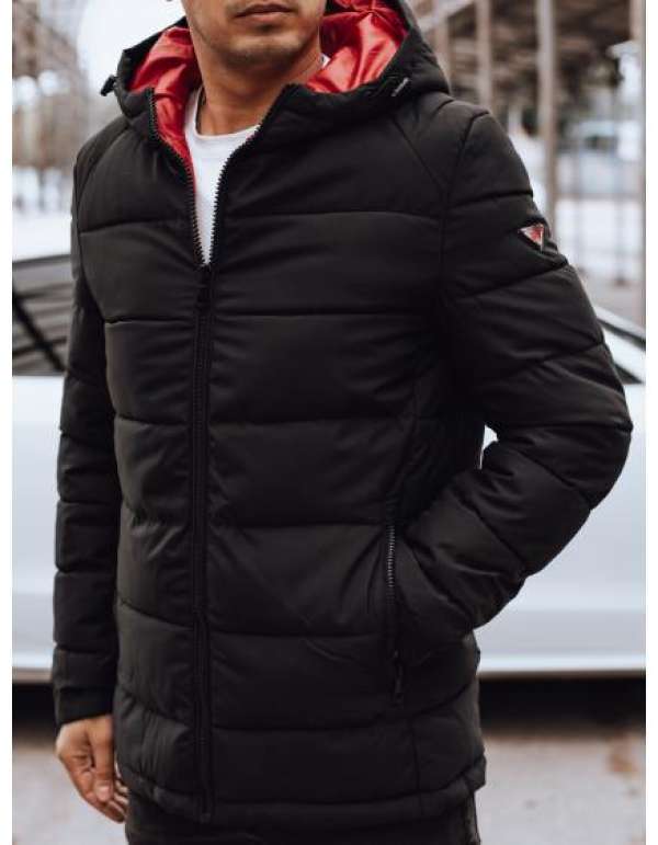 Férfi téli steppelt kabát kapucnival fekete