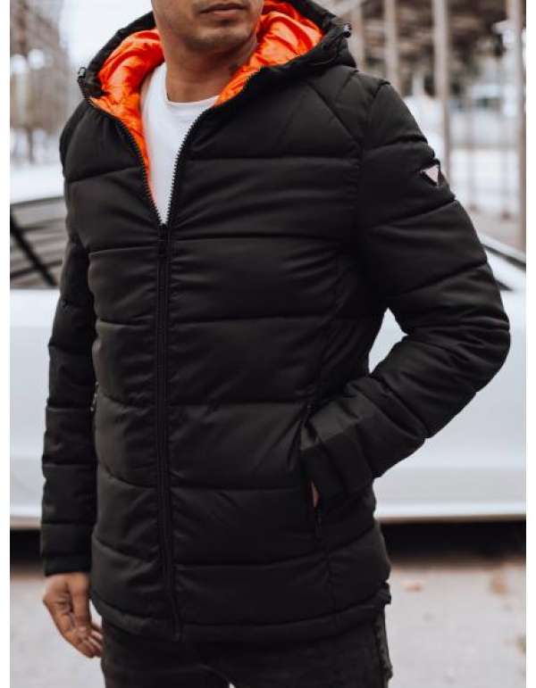 Férfi téli steppelt kabát kapucnival fekete