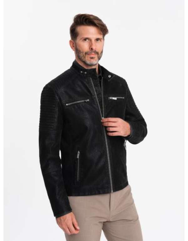 Férfi retró stílusú motoros dzseki állógallérral fekete