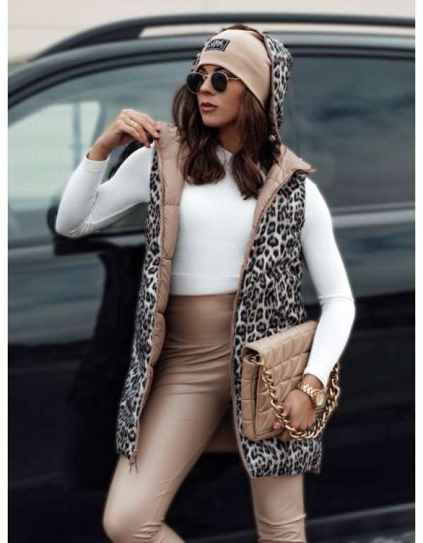 Női átmeneti steppelt, kapucnis, megfordítható mellény ELEGANCIO barna színű