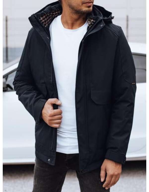 Férfi télikabát levehető kapucnival sötétkék