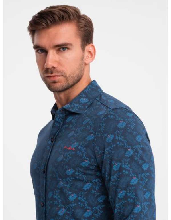 Férfi pamut póló virágos motívummal sötétkék