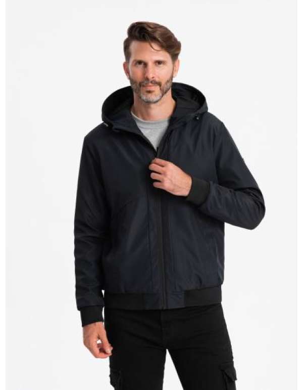 Férfi könnyű dzseki hálós béléssel és kapucnival fekete