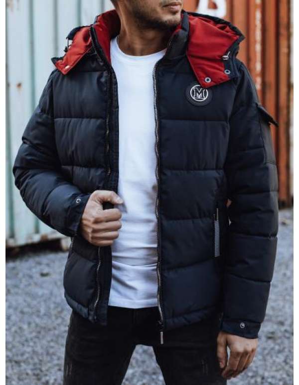 Férfi téli steppelt kabát sötétkék kapucnival