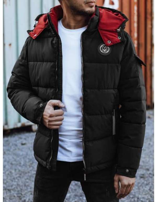 Férfi téli steppelt kabát kapucnival fekete