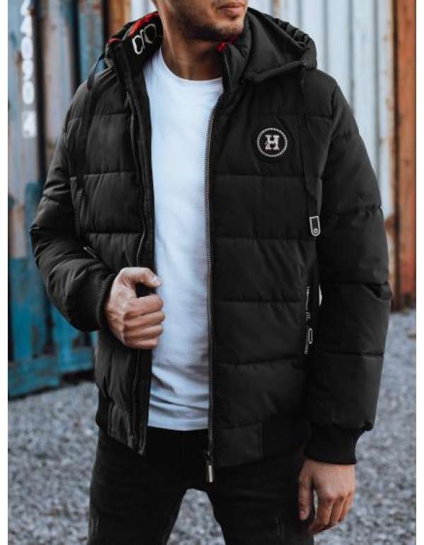 Férfi téli steppelt kabát kapucnival fekete