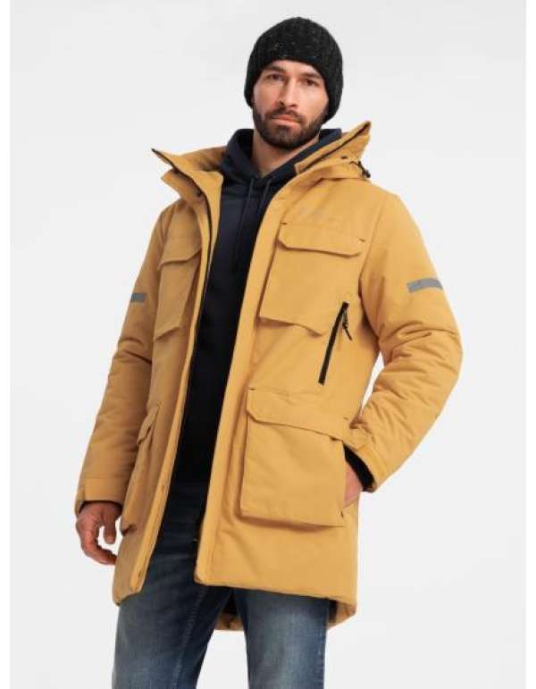 Férfi hosszú, szigetelt kabát fényvisszaverő elemekkel - sárga V2